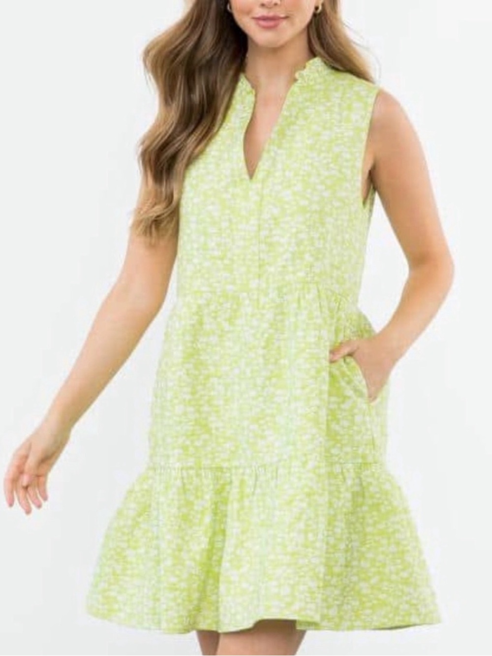 THML Lime Green Floral Ruffled Neck Tiered Dress